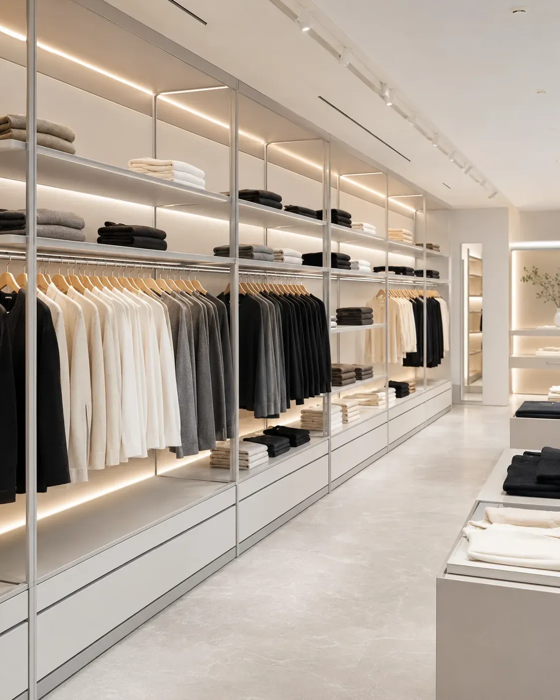 Apparel retail shelving with integrated shelf lighting