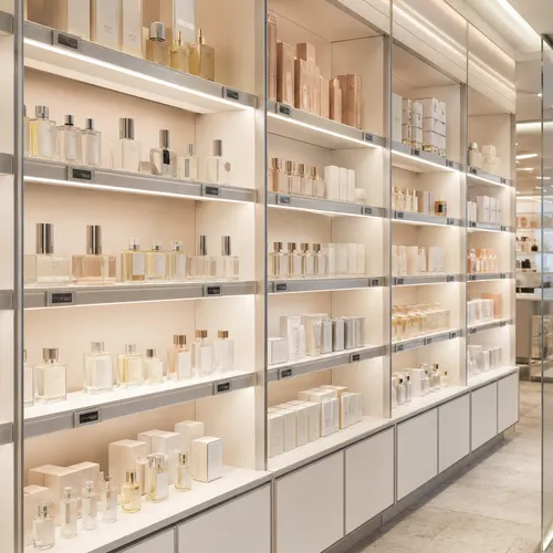 Beauty and cosmetics retail display with high-CRI shelf lighting