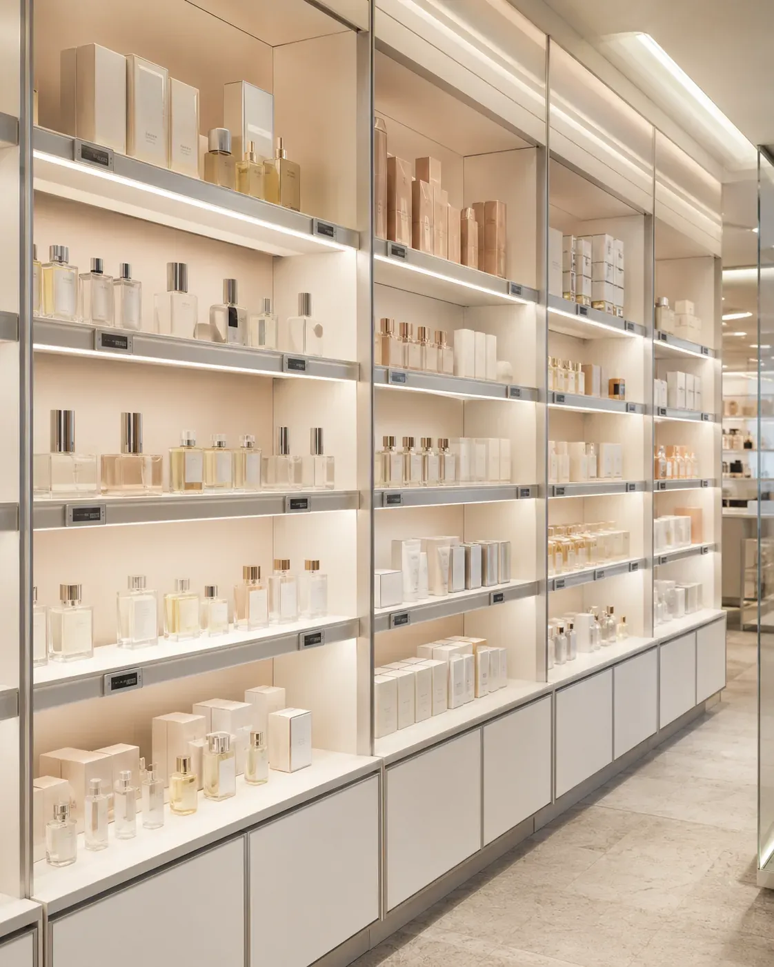 Beauty retail shelving with integrated shelf lighting