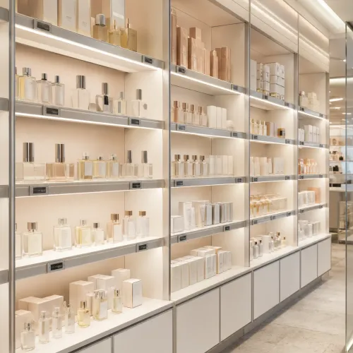 Beauty and cosmetics retail display with high-CRI ARMOR shelf lighting