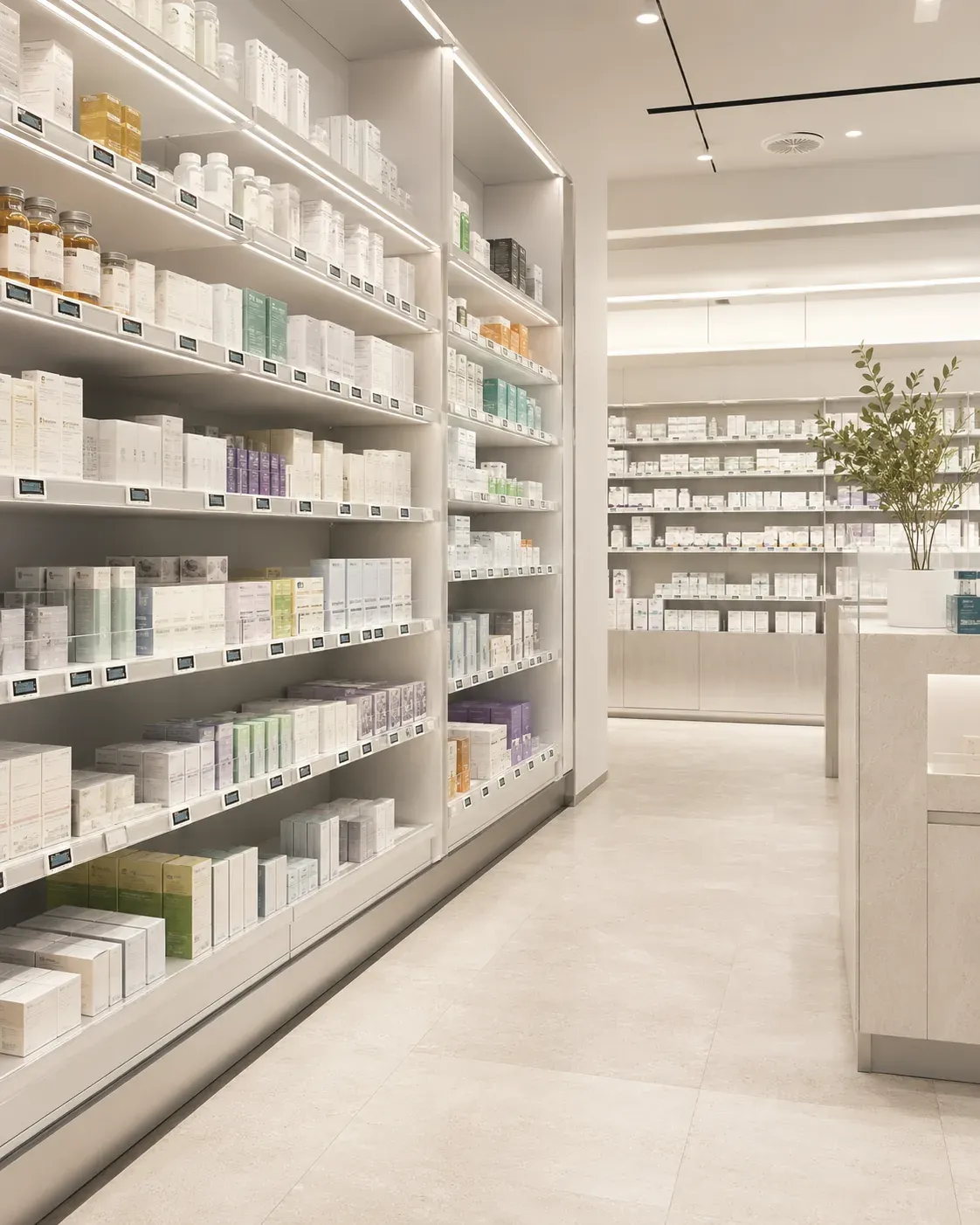 Pharmacy retail shelving with integrated shelf lighting