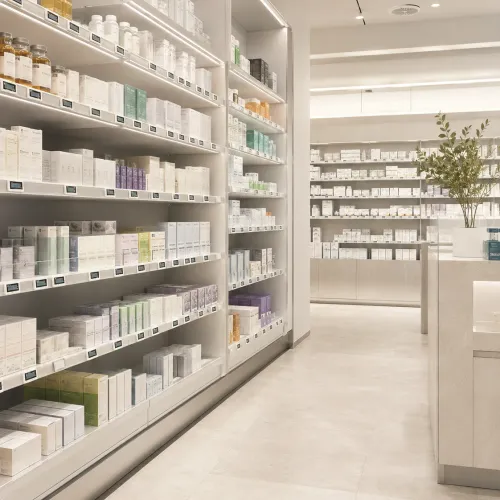 Pharmacy retail display with precise shelf lighting