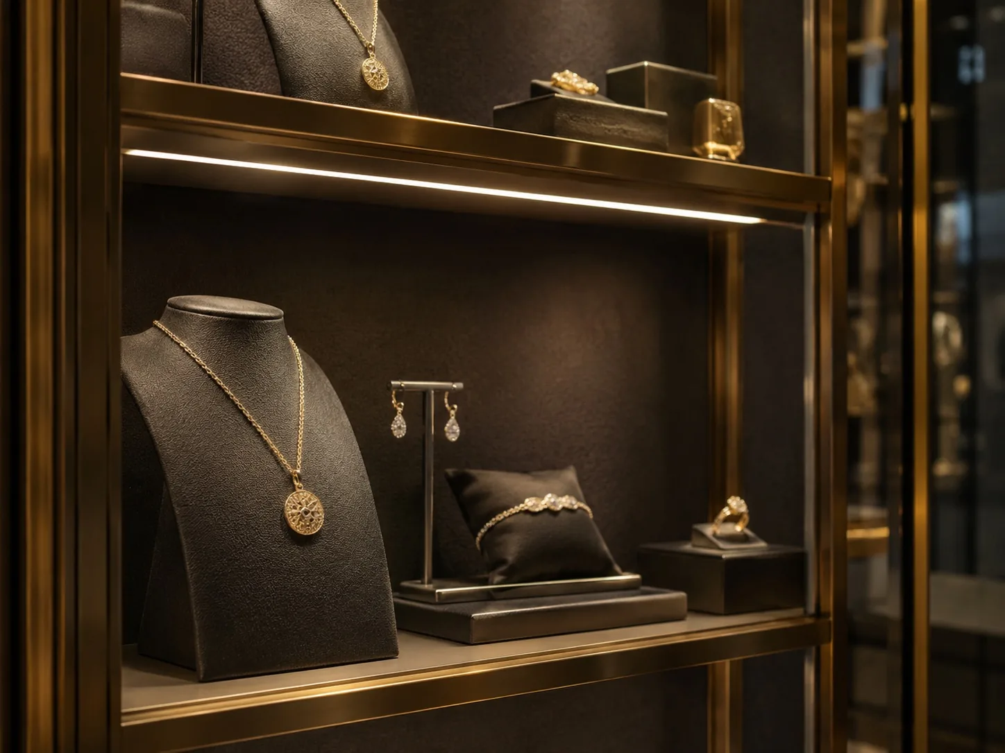 Jewelry cabinet illuminated by glare-free LED shelf light